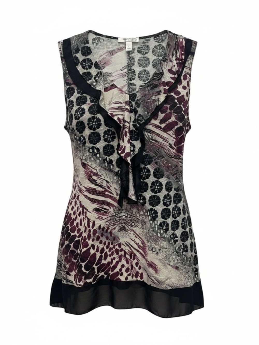 Dress Barn Sleeveless Mixed Print Ruffle V-Neck Top in Black, Cream & Plum